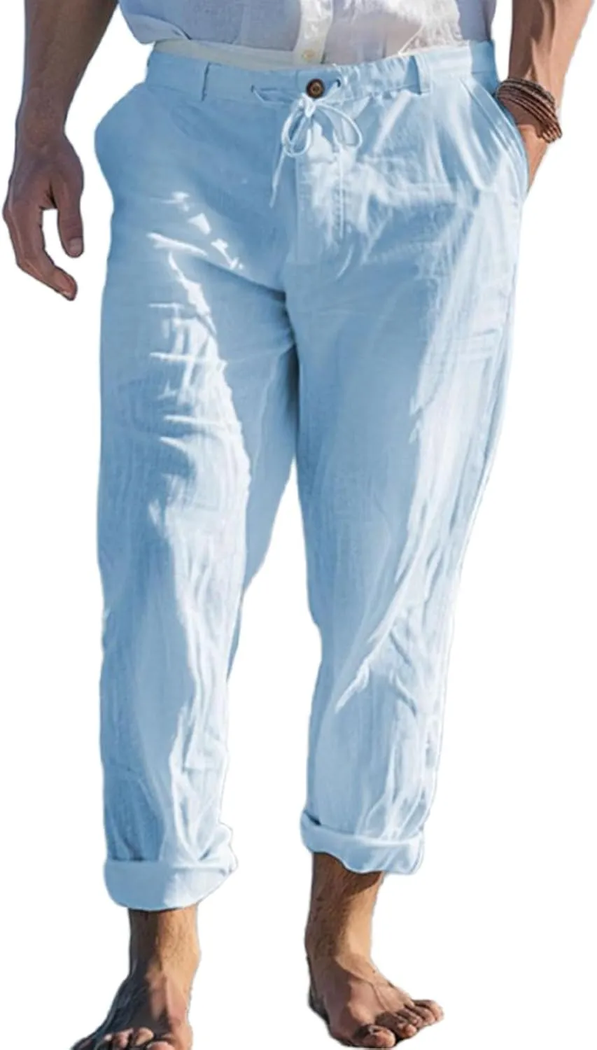 Men's Linen Trousers Lightweight Drawstring Breathable Pants Solid Color Casual Pant Summer Beach Shorts with Pockets