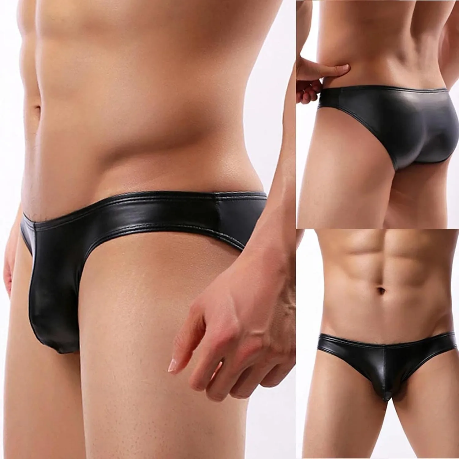 Men's Sexy Faux Leather Underwear Lingerie for Men Soft Low Rise Shorts Pants Boxer Briefs
