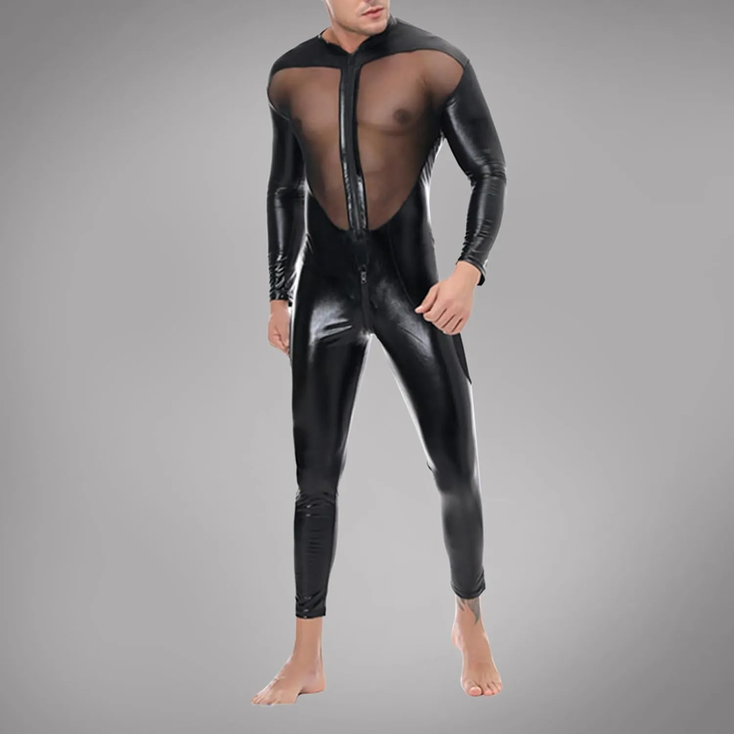 Men's Sexy Latex Lace Net yarn stitching Catsuit Leather Jumpsuit Full Body Bodysuit Wet Look Clubwear Clothing