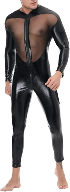 Men's Sexy Latex Lace Net yarn stitching Catsuit Leather Jumpsuit Full Body Bodysuit Wet Look Clubwear Clothing