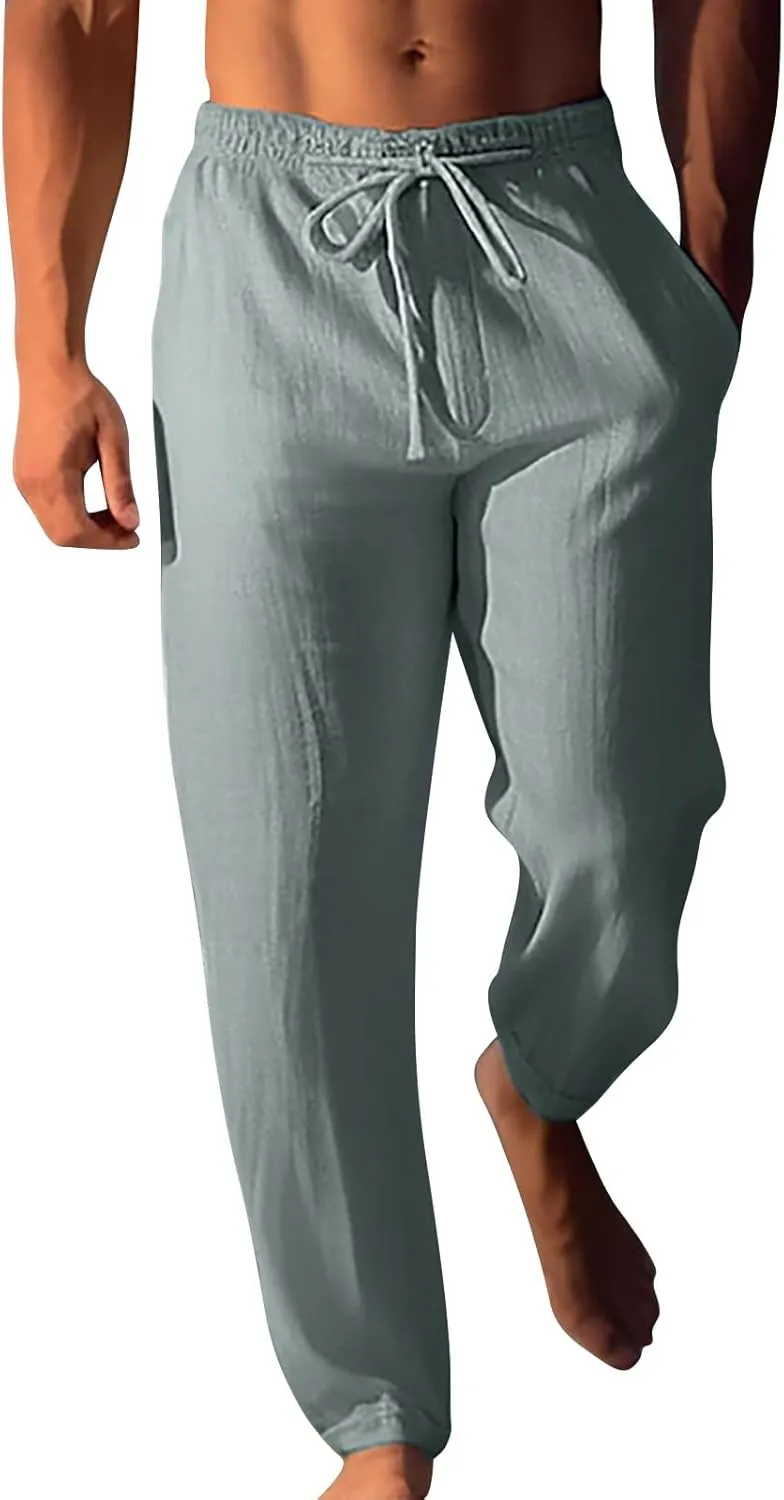 Men's Summer Beach Linen Pants Lightweight Casual Pants Elastic Waist Drawstring Trousers Outdoor Vacation Slacks