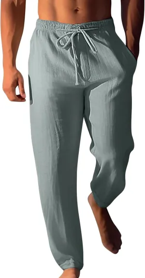 Men's Summer Beach Linen Pants Lightweight Casual Pants Elastic Waist Drawstring Trousers Outdoor Vacation Slacks