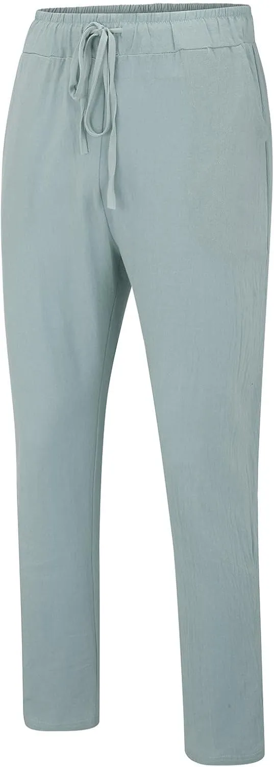 Men's Summer Beach Linen Pants Lightweight Casual Pants Elastic Waist Drawstring Trousers Outdoor Vacation Slacks
