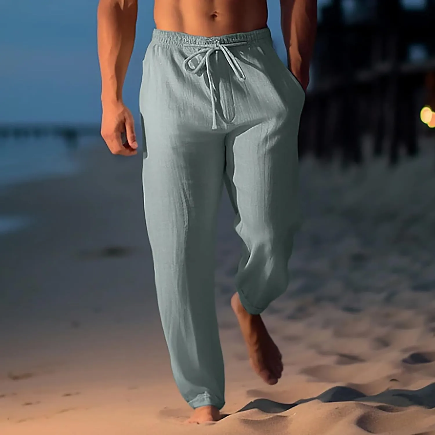 Men's Summer Beach Linen Pants Lightweight Casual Pants Elastic Waist Drawstring Trousers Outdoor Vacation Slacks
