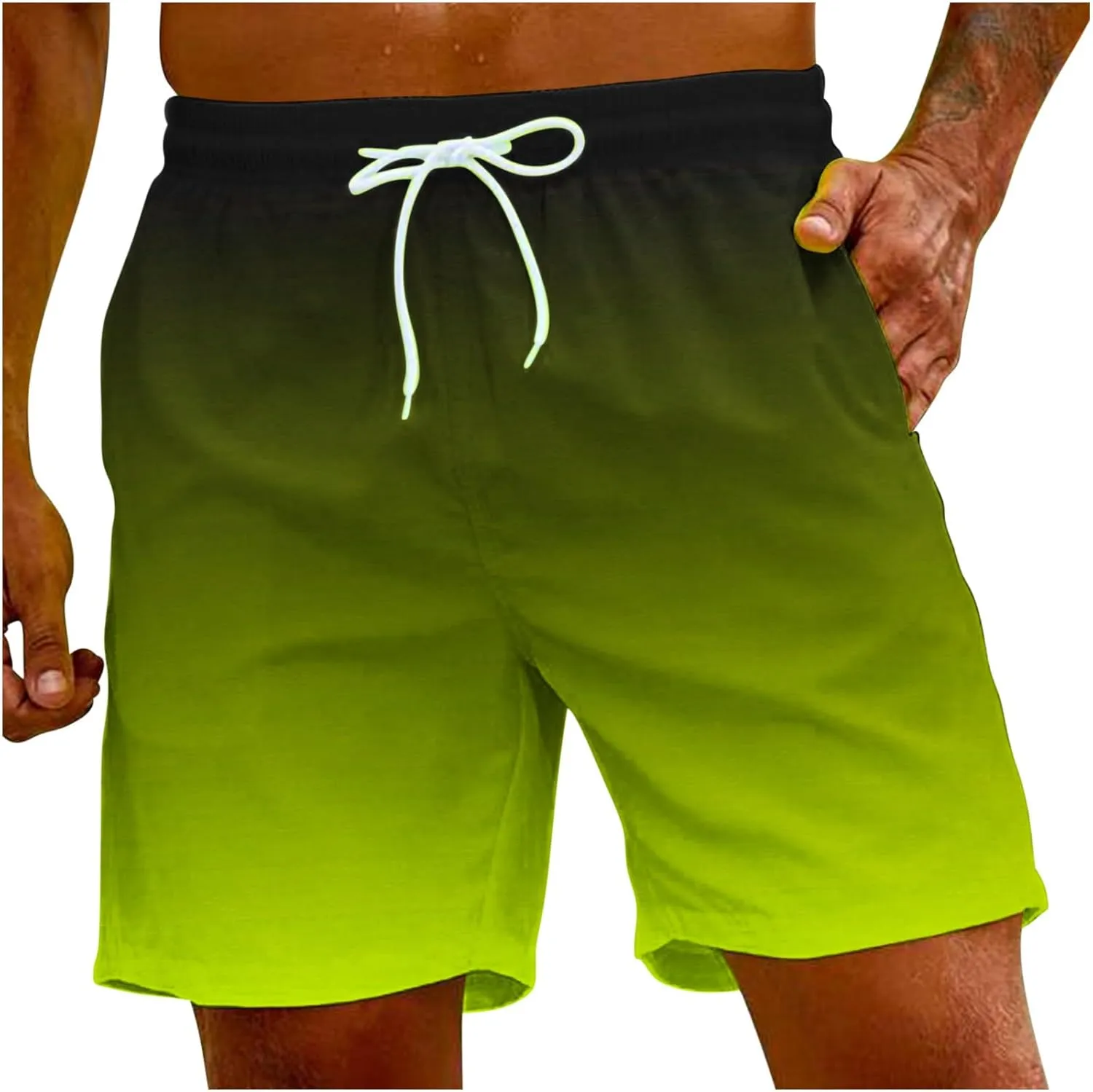 Mens Summer Beach Short Pants Gradient Drawstring Elastic Stretch Casual Shorts Multi-Pocket Fast Dry Baggy Jorts