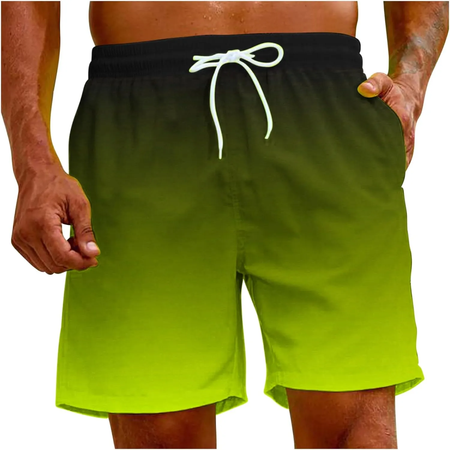 Mens Summer Beach Short Pants Gradient Drawstring Elastic Stretch Casual Shorts Multi-Pocket Fast Dry Baggy Jorts