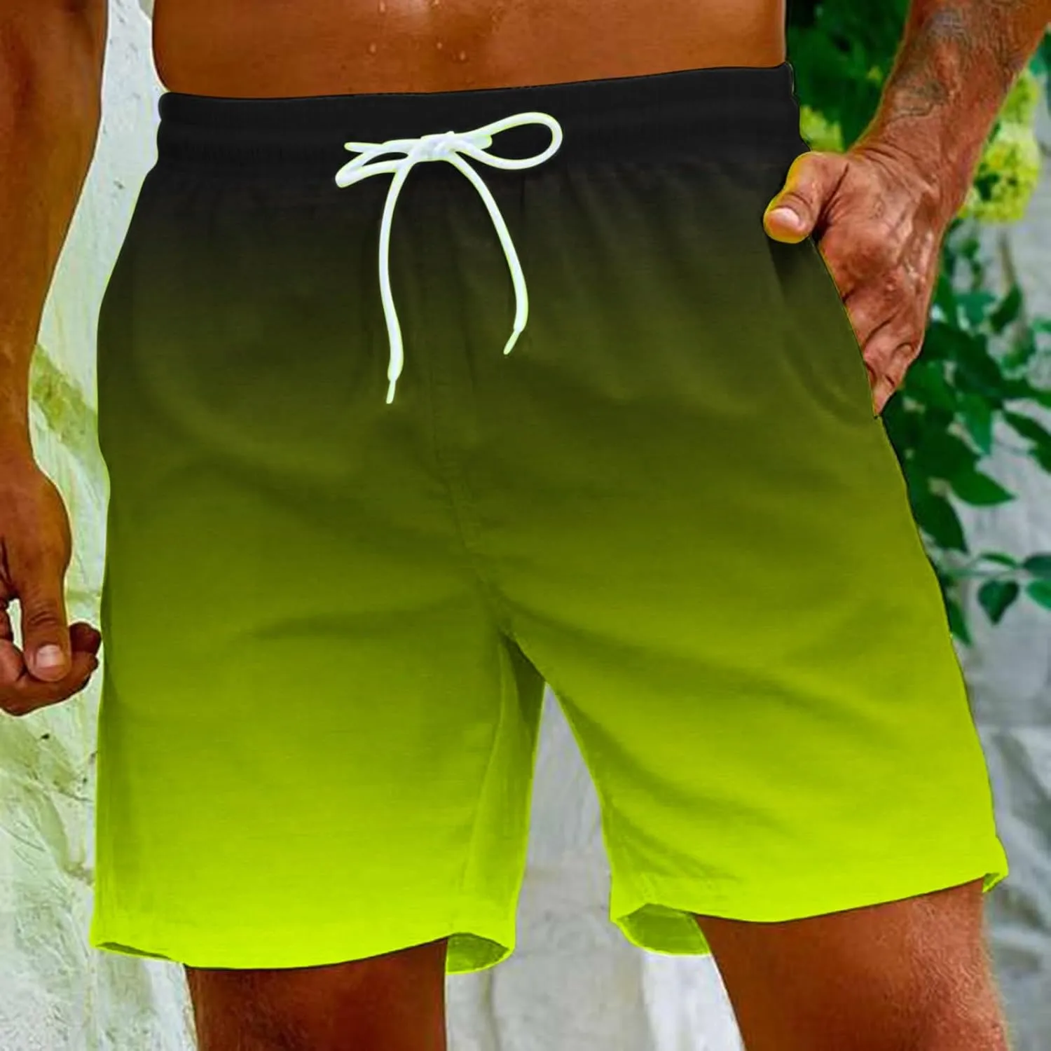 Mens Summer Beach Short Pants Gradient Drawstring Elastic Stretch Casual Shorts Multi-Pocket Fast Dry Baggy Jorts