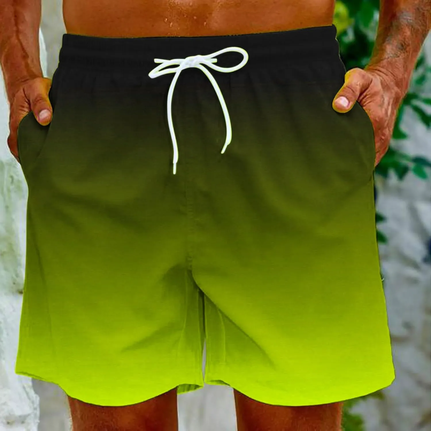 Mens Summer Beach Short Pants Gradient Drawstring Elastic Stretch Casual Shorts Multi-Pocket Fast Dry Baggy Jorts
