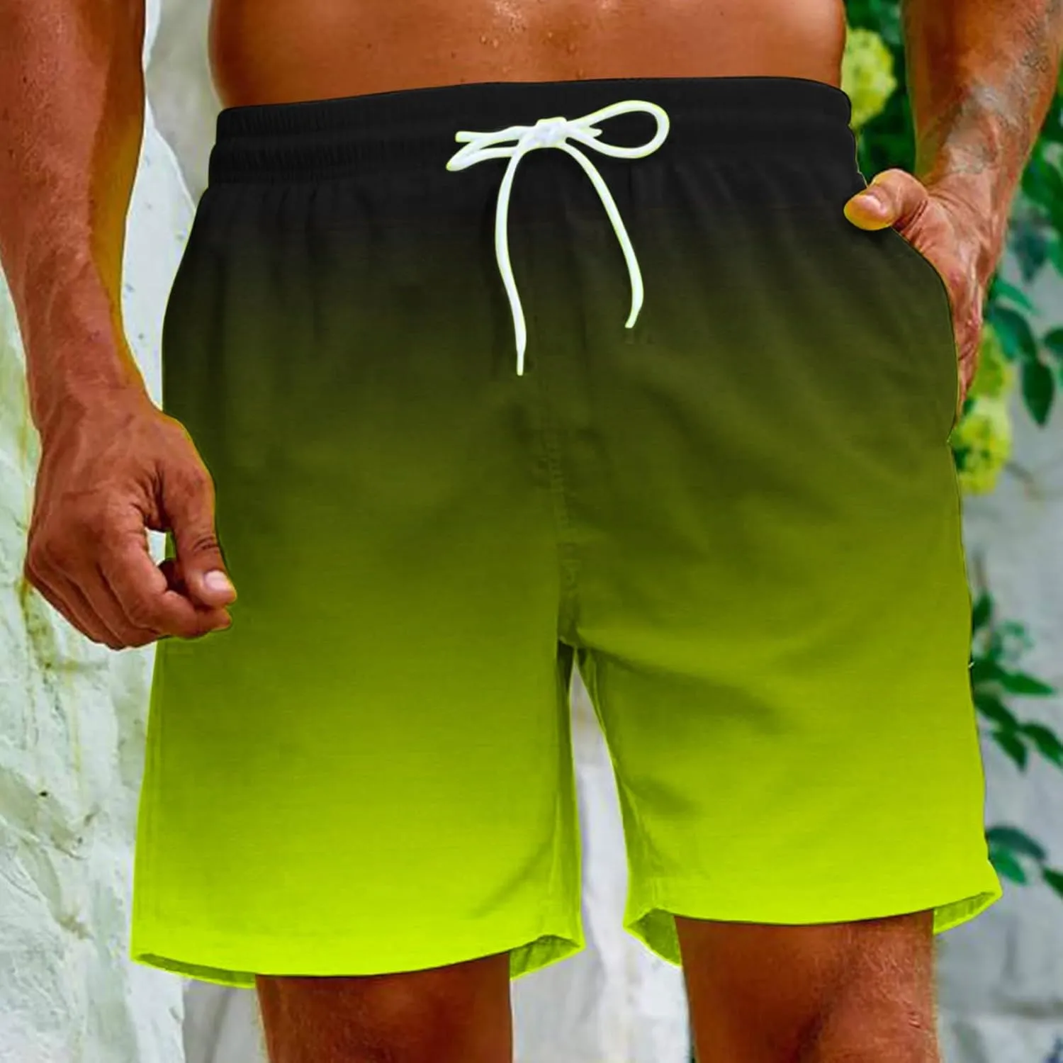 Mens Summer Beach Short Pants Gradient Drawstring Elastic Stretch Casual Shorts Multi-Pocket Fast Dry Baggy Jorts