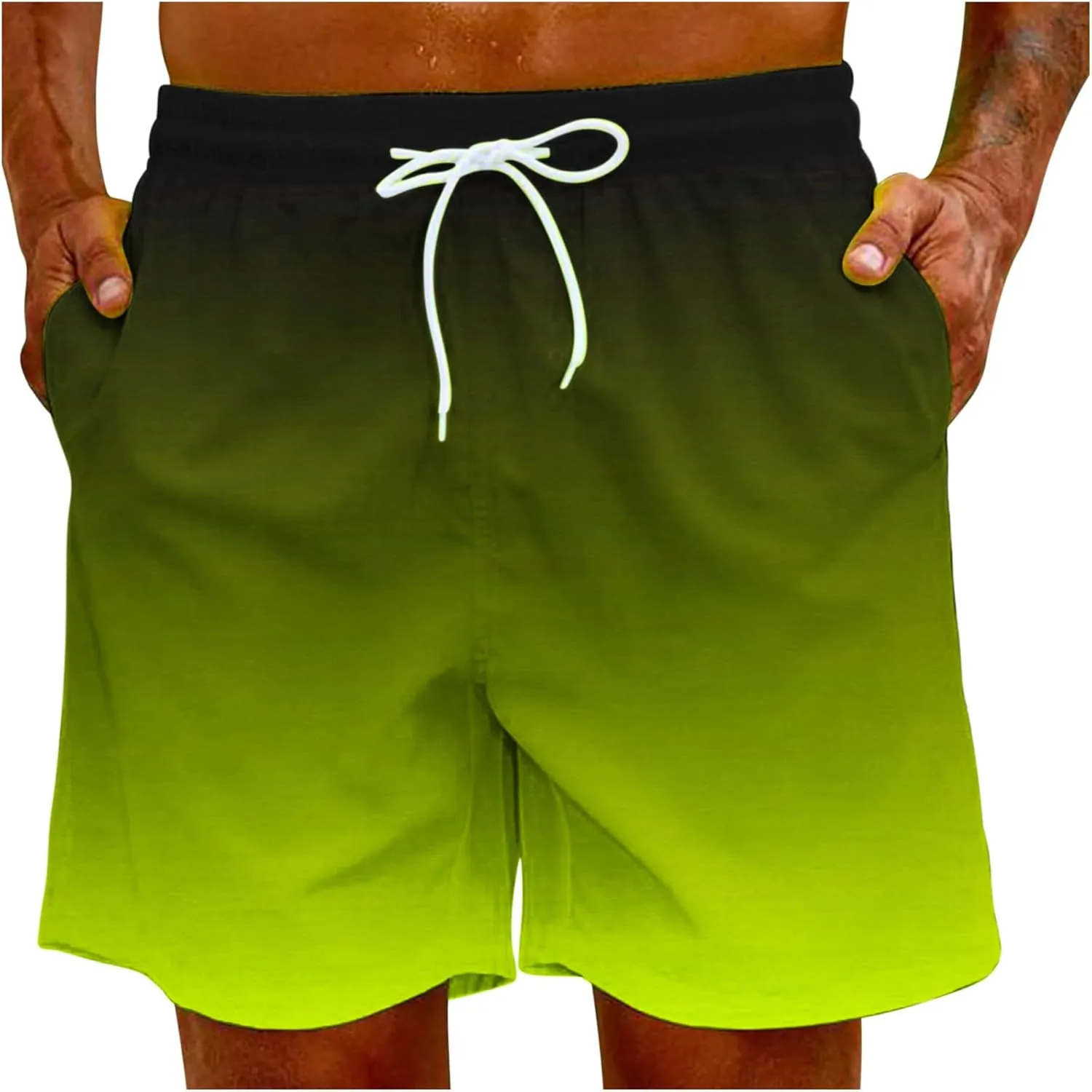 Mens Summer Beach Short Pants Gradient Drawstring Elastic Stretch Casual Shorts Multi-Pocket Fast Dry Baggy Jorts