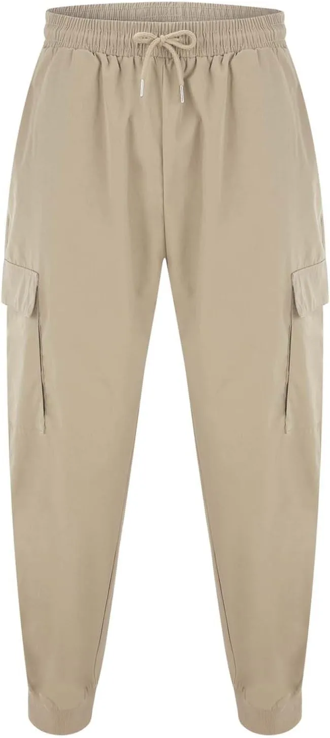 Mens Summer Yoga Pants Elastic Waist Ankle Length Cargo Pants with Multi Pockets Loose Fit Casual Cinch Bottom Trousers