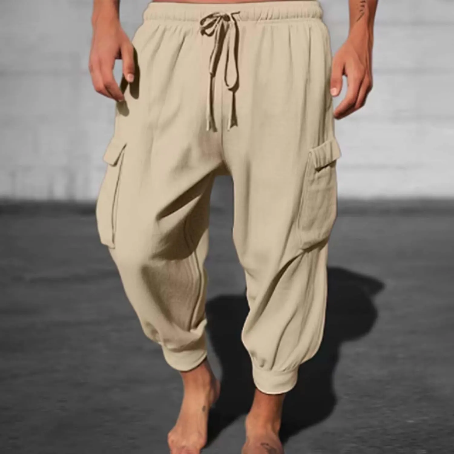 Mens Summer Yoga Pants Elastic Waist Ankle Length Cargo Pants with Multi Pockets Loose Fit Casual Cinch Bottom Trousers