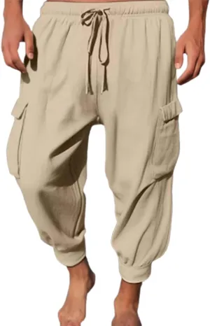 Mens Summer Yoga Pants Elastic Waist Ankle Length Cargo Pants with Multi Pockets Loose Fit Casual Cinch Bottom Trousers