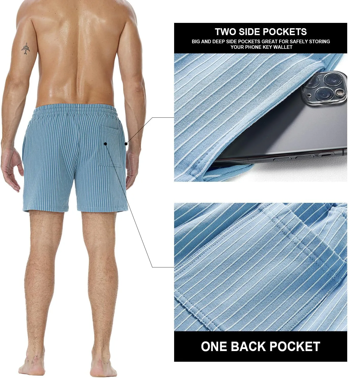 Mens Sweat Workout Shorts 5 Inch Inseam Terry Sweatpant Cotton Casual Striped Pajamas Summer Athletic Short