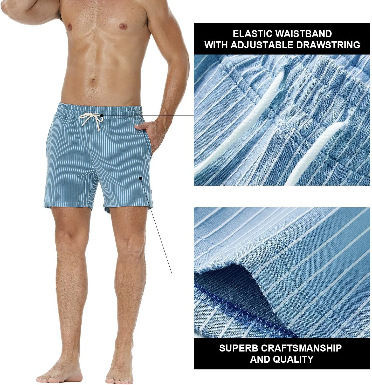 Mens Sweat Workout Shorts 5 Inch Inseam Terry Sweatpant Cotton Casual Striped Pajamas Summer Athletic Short