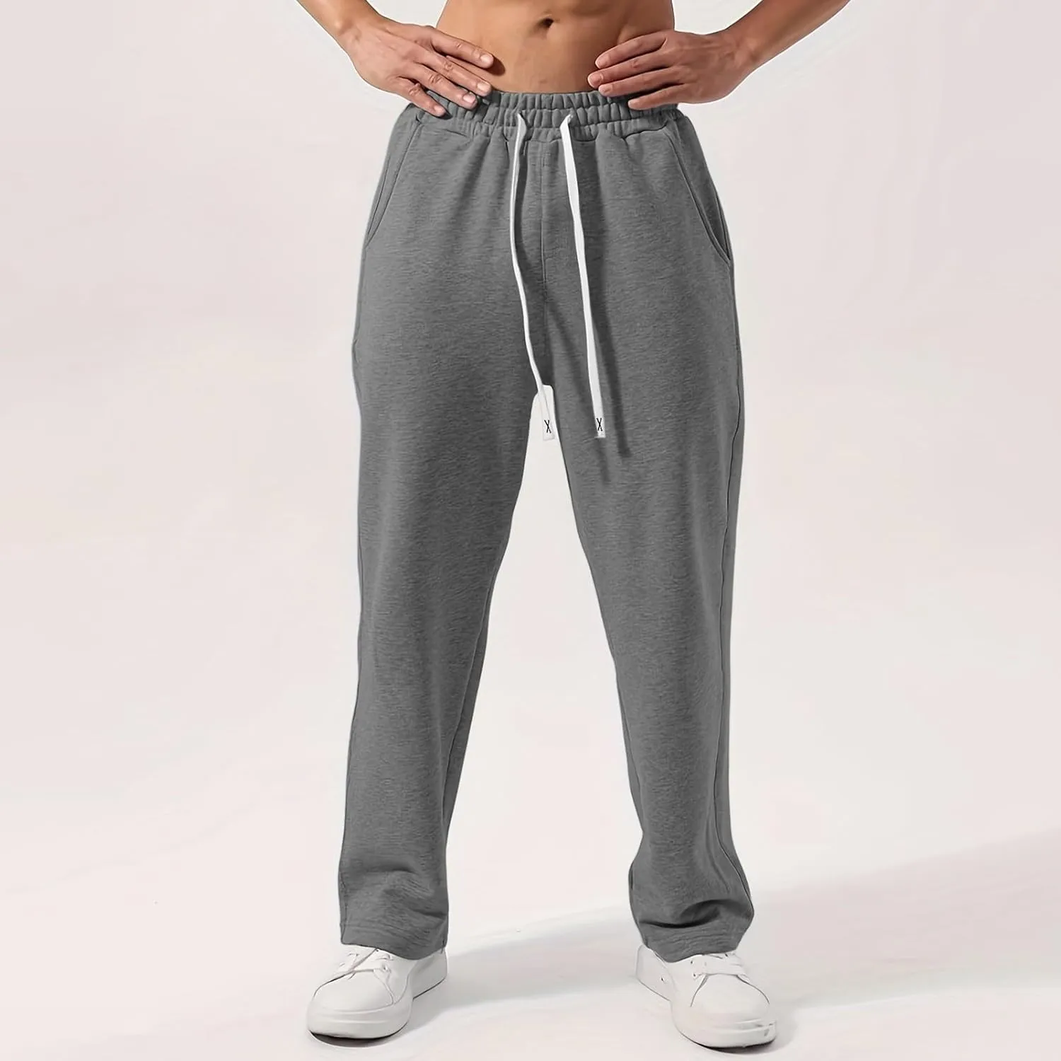 Mens Sweatpants Open Bottom Baggy Casual Drawstring Straight Leg Sweat Pants Joggers Gym Athletic Trousers