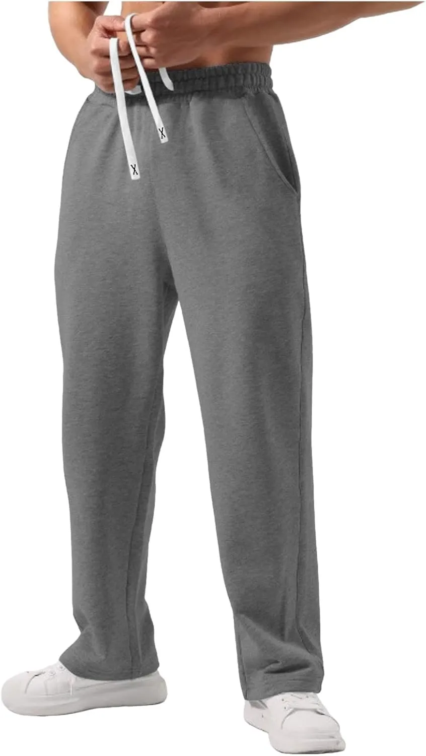 Mens Sweatpants Open Bottom Baggy Casual Drawstring Straight Leg Sweat Pants Joggers Gym Athletic Trousers