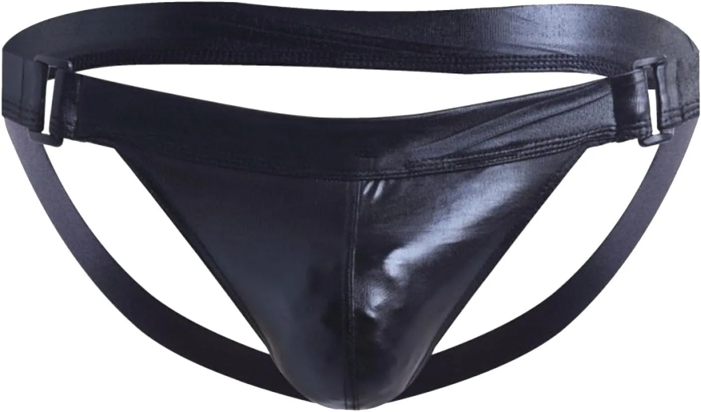 Men's Underwear Faux Leather Thong Underwear G-String with Pouch Butt-Flaunting Gym Low Rise Brief Black