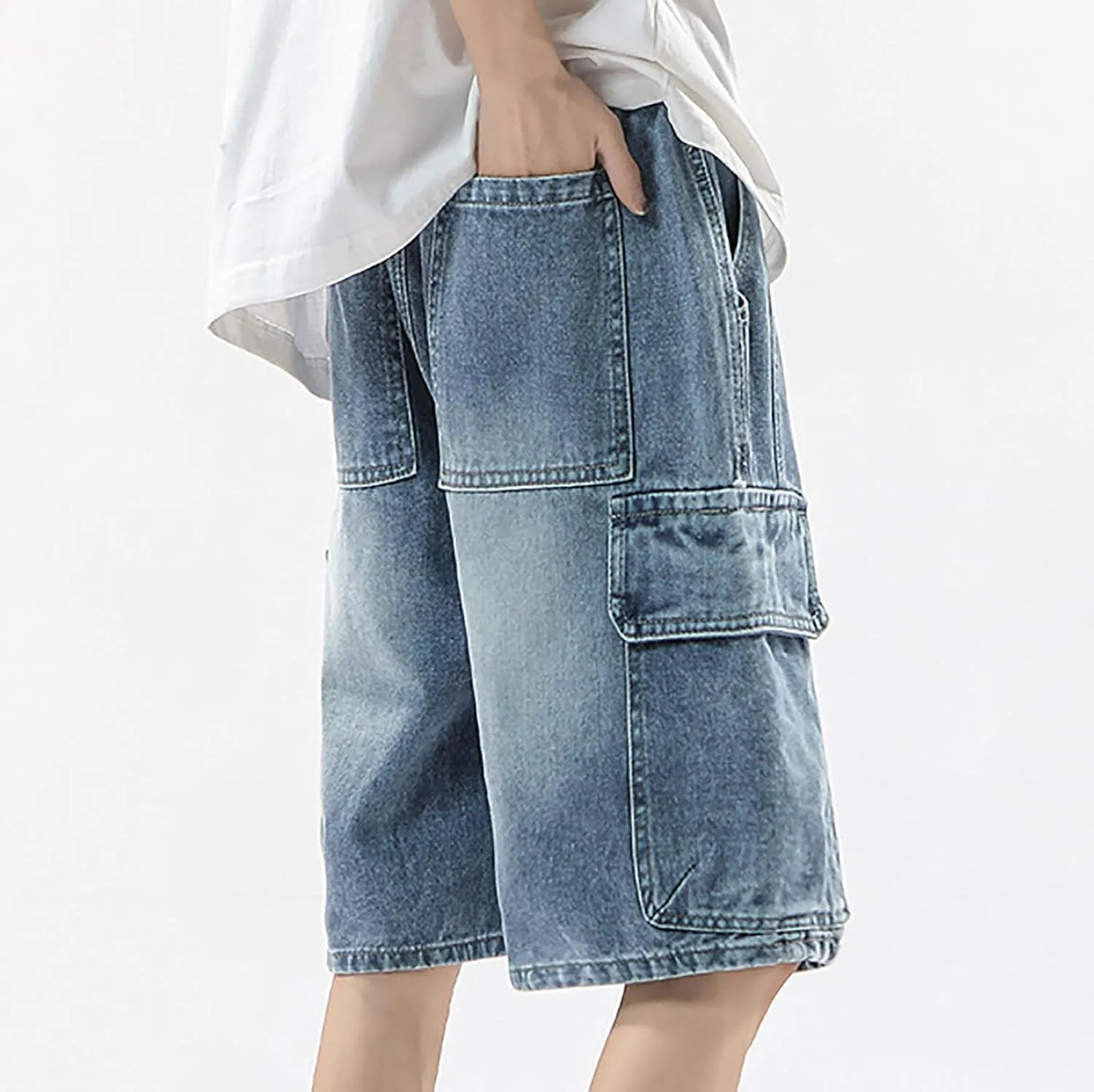 Mens Y2K Grunge Baggy Jean Shorts Wide Leg Hip Hop Skateboard Pants Loose Denim Shorts with Pockets Streetwear