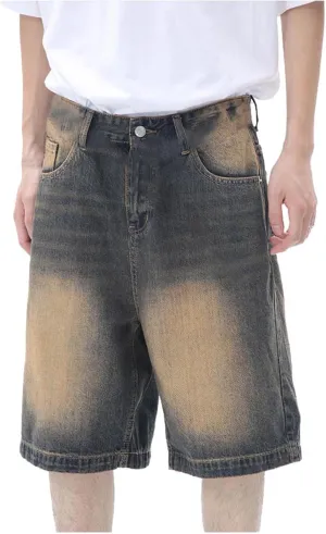 Mens Y2K Grunge Baggy Jean Shorts Wide Leg Hip Hop Skateboard Pants Loose Denim Shorts with Pockets Streetwear