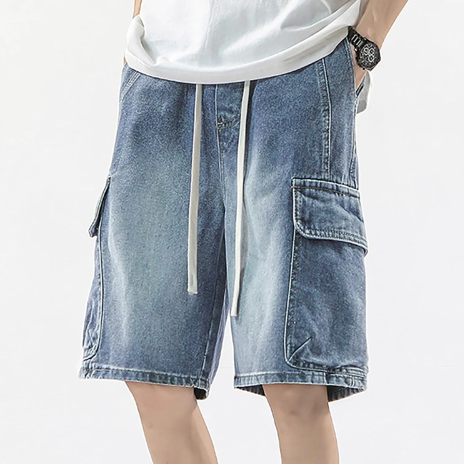 Mens Y2K Grunge Baggy Jean Shorts Wide Leg Hip Hop Skateboard Pants Loose Denim Shorts with Pockets Streetwear