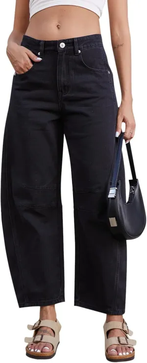Mid Rise Barrel Jeans for Women Wide Leg Mid Waist Cropped Denim Pants Y2k Baggy Boyfriend Jeans with Pockets