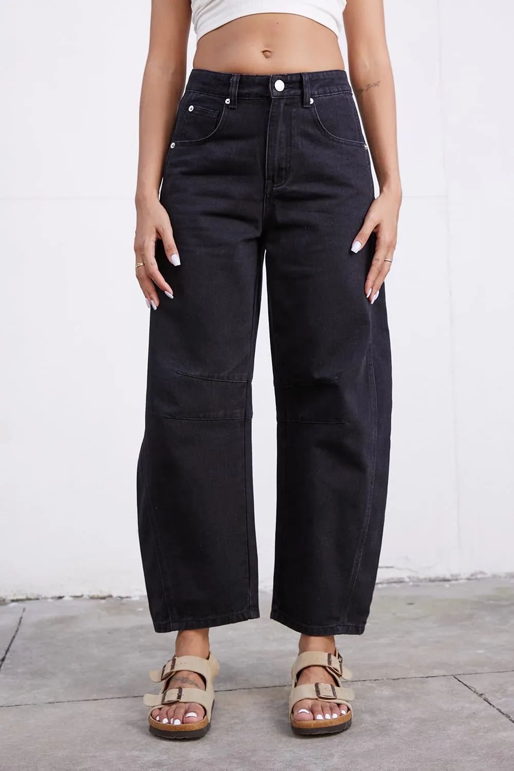 Mid Rise Barrel Jeans for Women Wide Leg Mid Waist Cropped Denim Pants Y2k Baggy Boyfriend Jeans with Pockets