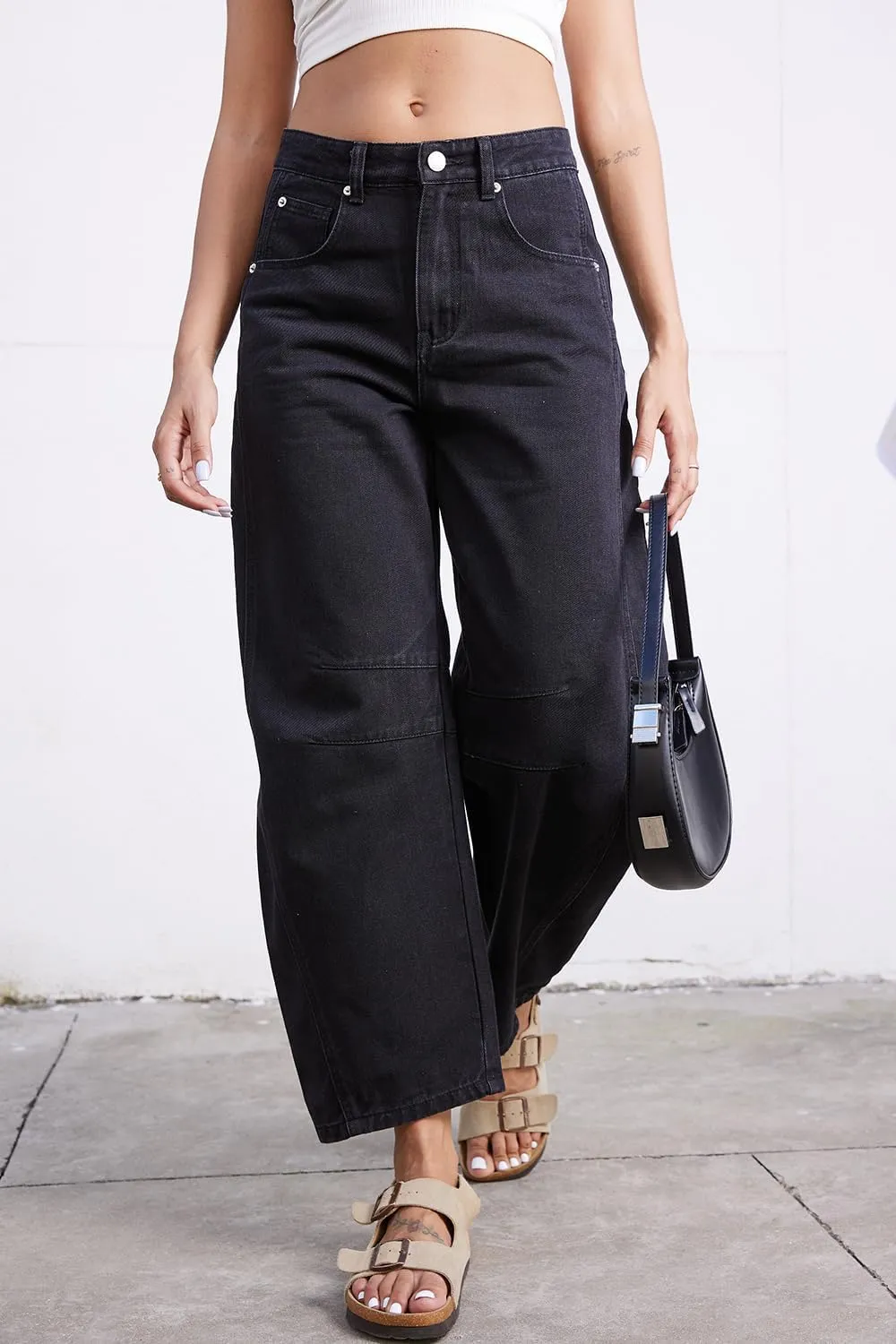 Mid Rise Barrel Jeans for Women Wide Leg Mid Waist Cropped Denim Pants Y2k Baggy Boyfriend Jeans with Pockets