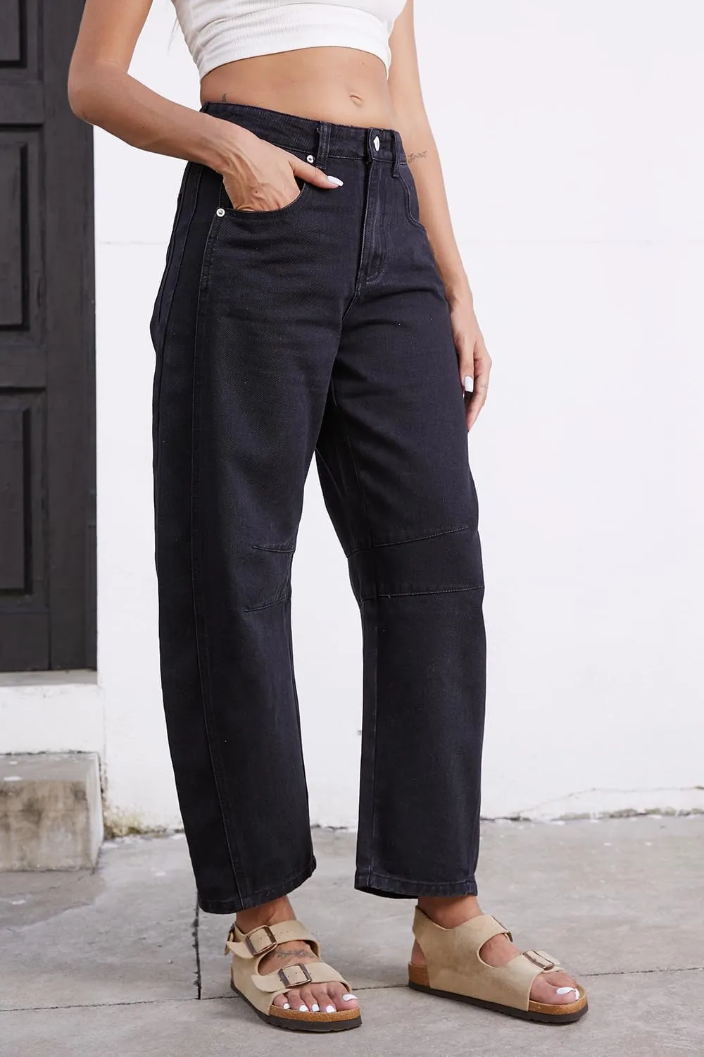 Mid Rise Barrel Jeans for Women Wide Leg Mid Waist Cropped Denim Pants Y2k Baggy Boyfriend Jeans with Pockets