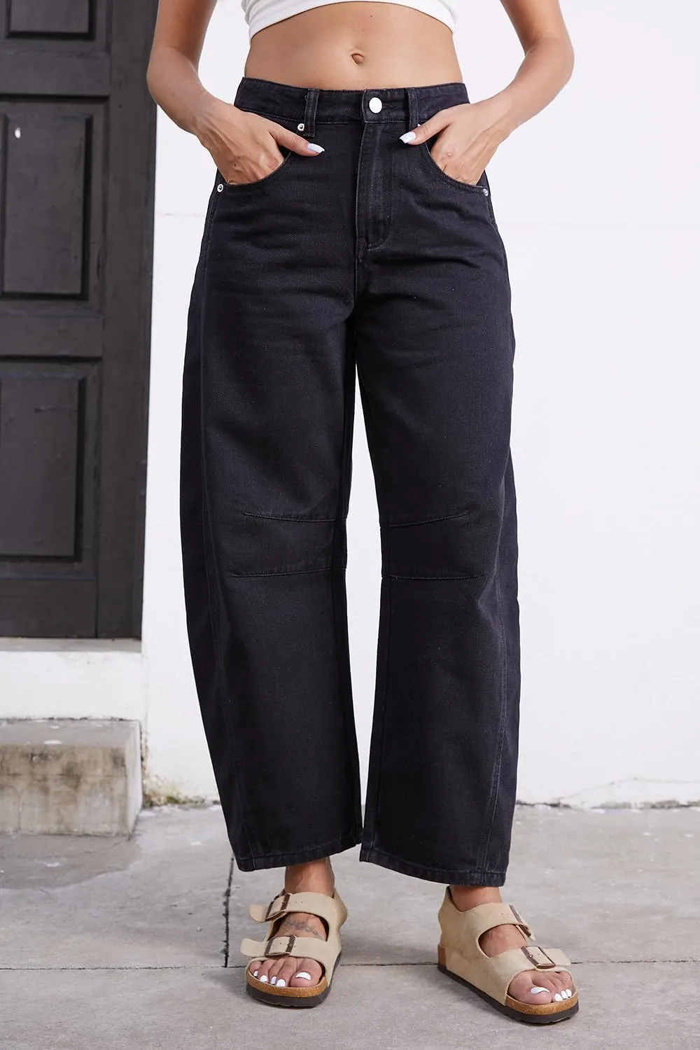 Mid Rise Barrel Jeans for Women Wide Leg Mid Waist Cropped Denim Pants Y2k Baggy Boyfriend Jeans with Pockets