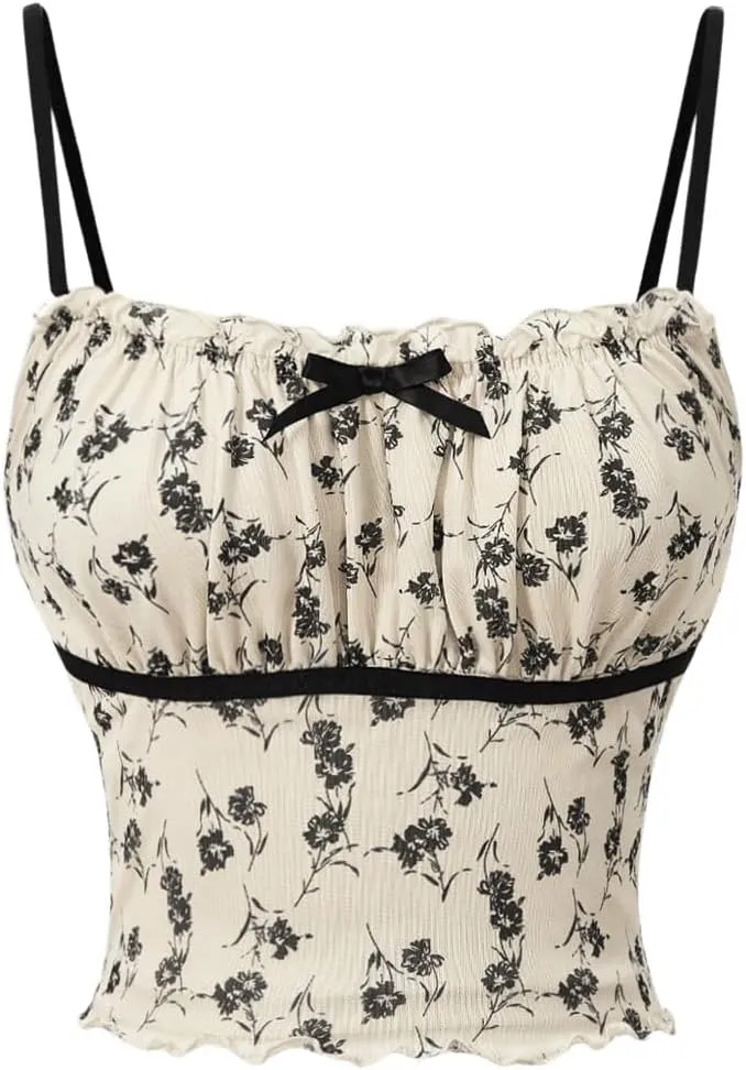 Milumia Women's Ditsy Floral Bowknot Camisoles Ruched Bust Lettuce Hem Cami Crop Tops