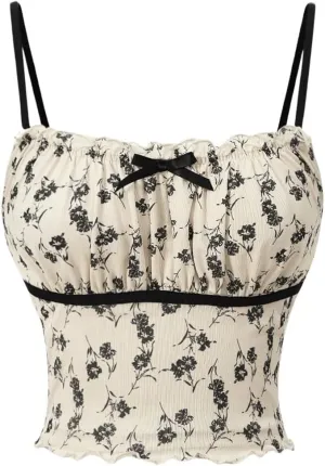Milumia Women's Ditsy Floral Bowknot Camisoles Ruched Bust Lettuce Hem Cami Crop Tops