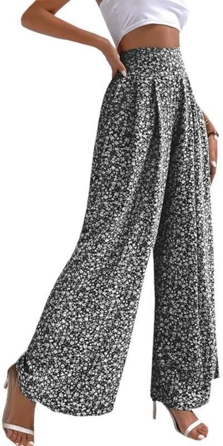 Mmoneyake Women's Wide Leg Pants Boho Floral Print High Waist Pants Palazzo Lounge Pants Casual Summer Beach Loose Trousers