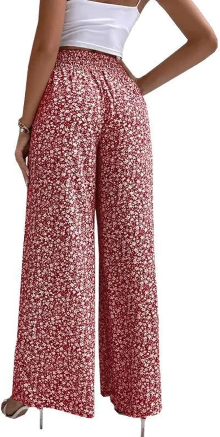 Mmoneyake Women's Wide Leg Pants Boho Floral Print High Waist Pants Palazzo Lounge Pants Casual Summer Beach Loose Trousers