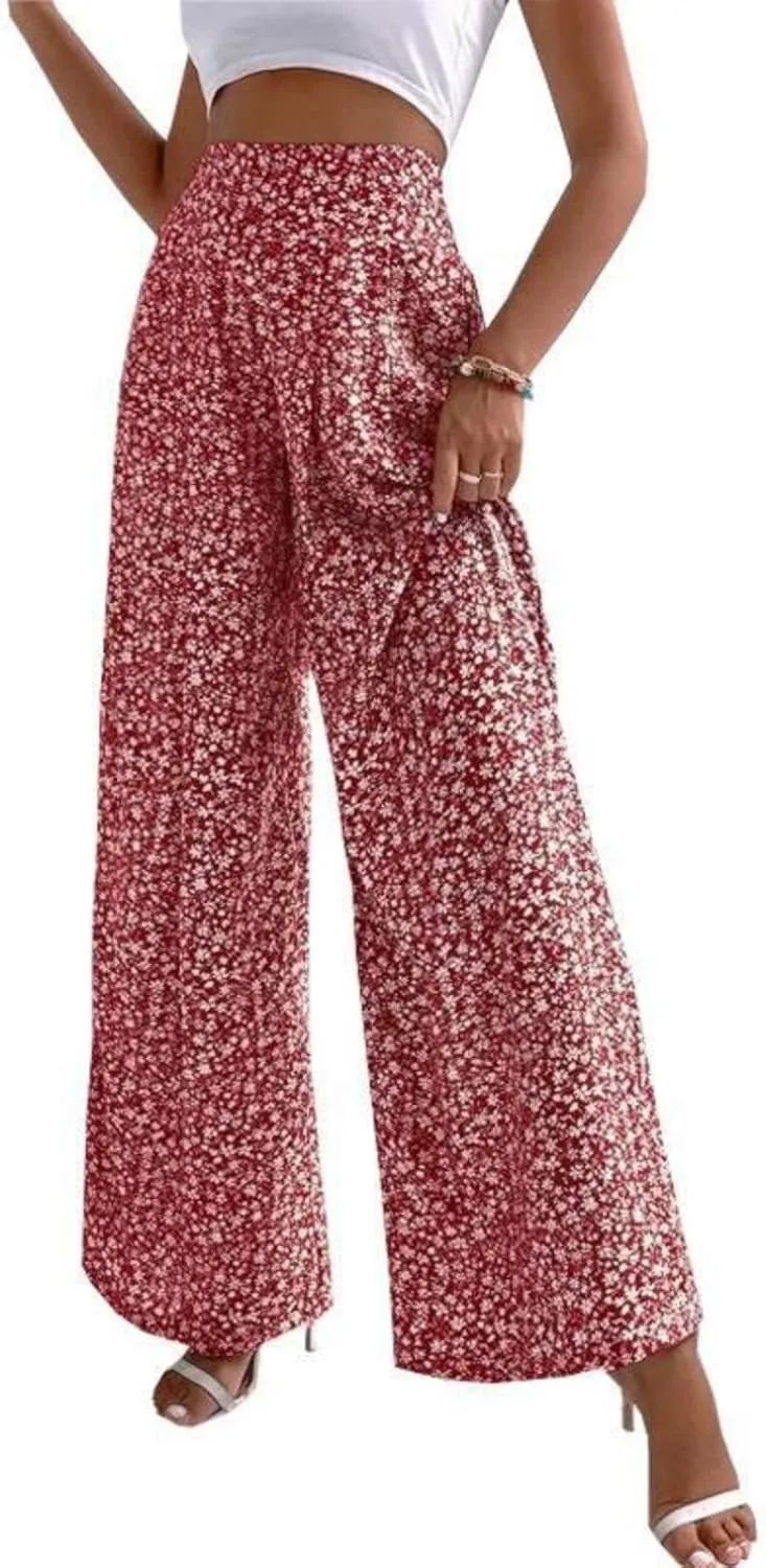 Mmoneyake Women's Wide Leg Pants Boho Floral Print High Waist Pants Palazzo Lounge Pants Casual Summer Beach Loose Trousers