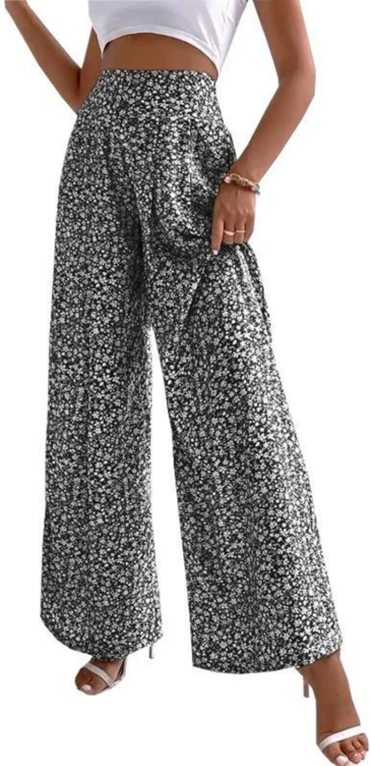Mmoneyake Women's Wide Leg Pants Boho Floral Print High Waist Pants Palazzo Lounge Pants Casual Summer Beach Loose Trousers