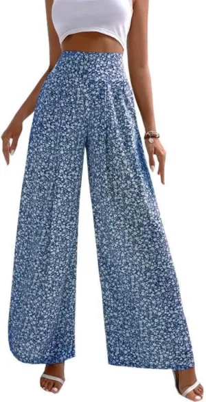 Mmoneyake Women's Wide Leg Pants Boho Floral Print High Waist Pants Palazzo Lounge Pants Casual Summer Beach Loose Trousers