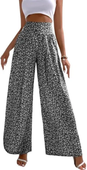 Mmoneyake Women's Wide Leg Pants Boho Floral Print High Waist Pants Palazzo Lounge Pants Casual Summer Beach Loose Trousers