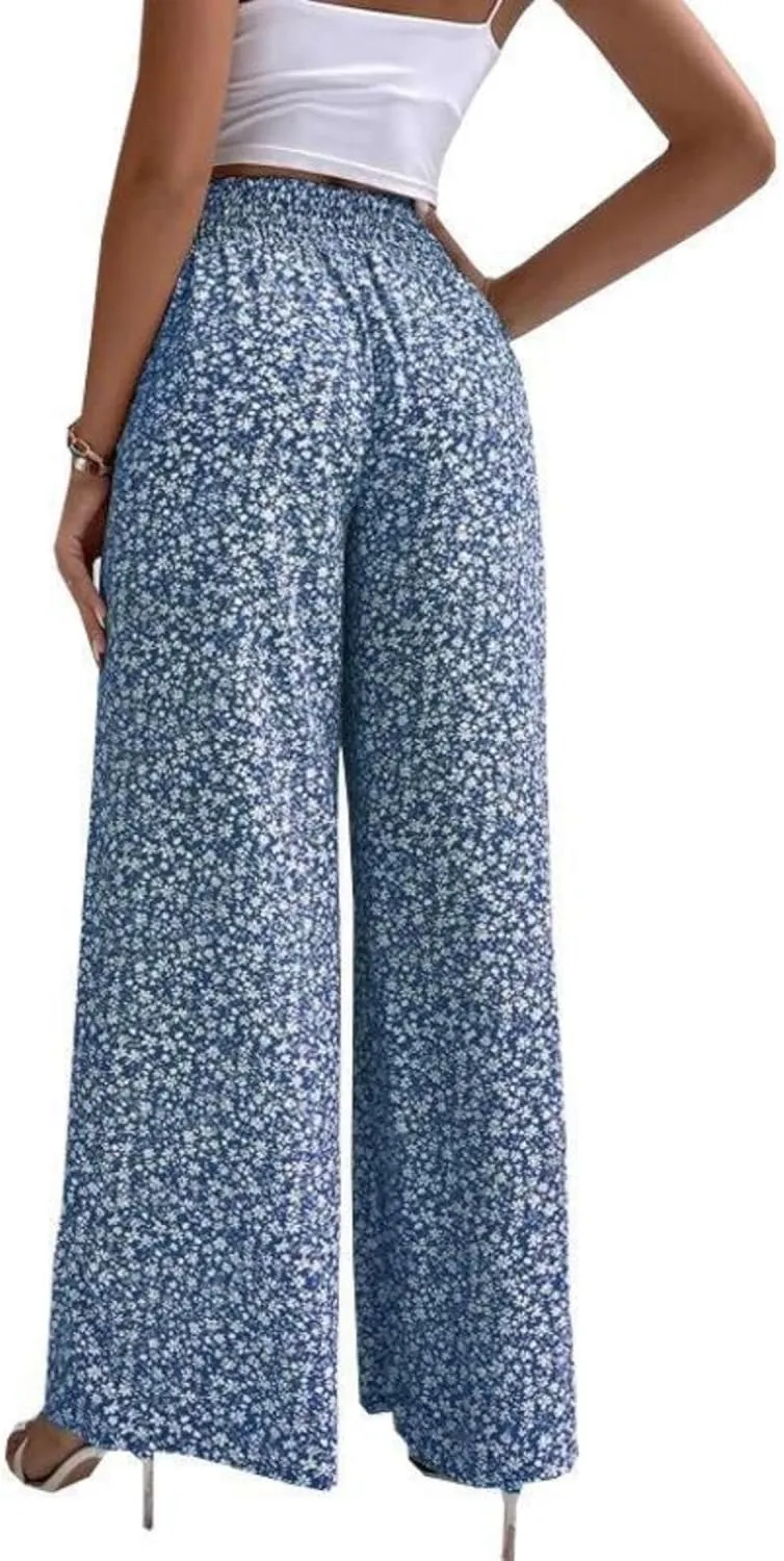 Mmoneyake Women's Wide Leg Pants Boho Floral Print High Waist Pants Palazzo Lounge Pants Casual Summer Beach Loose Trousers