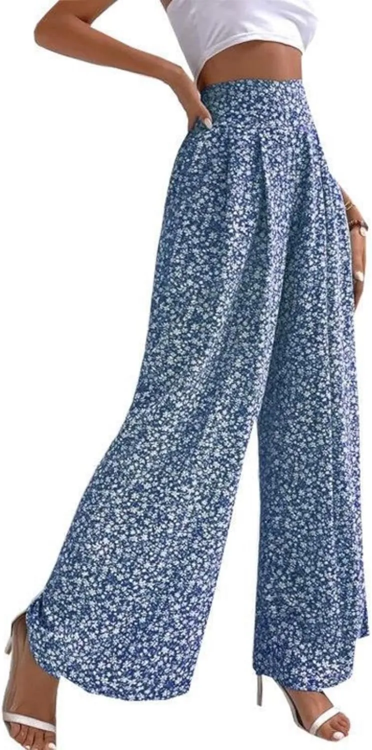 Mmoneyake Women's Wide Leg Pants Boho Floral Print High Waist Pants Palazzo Lounge Pants Casual Summer Beach Loose Trousers