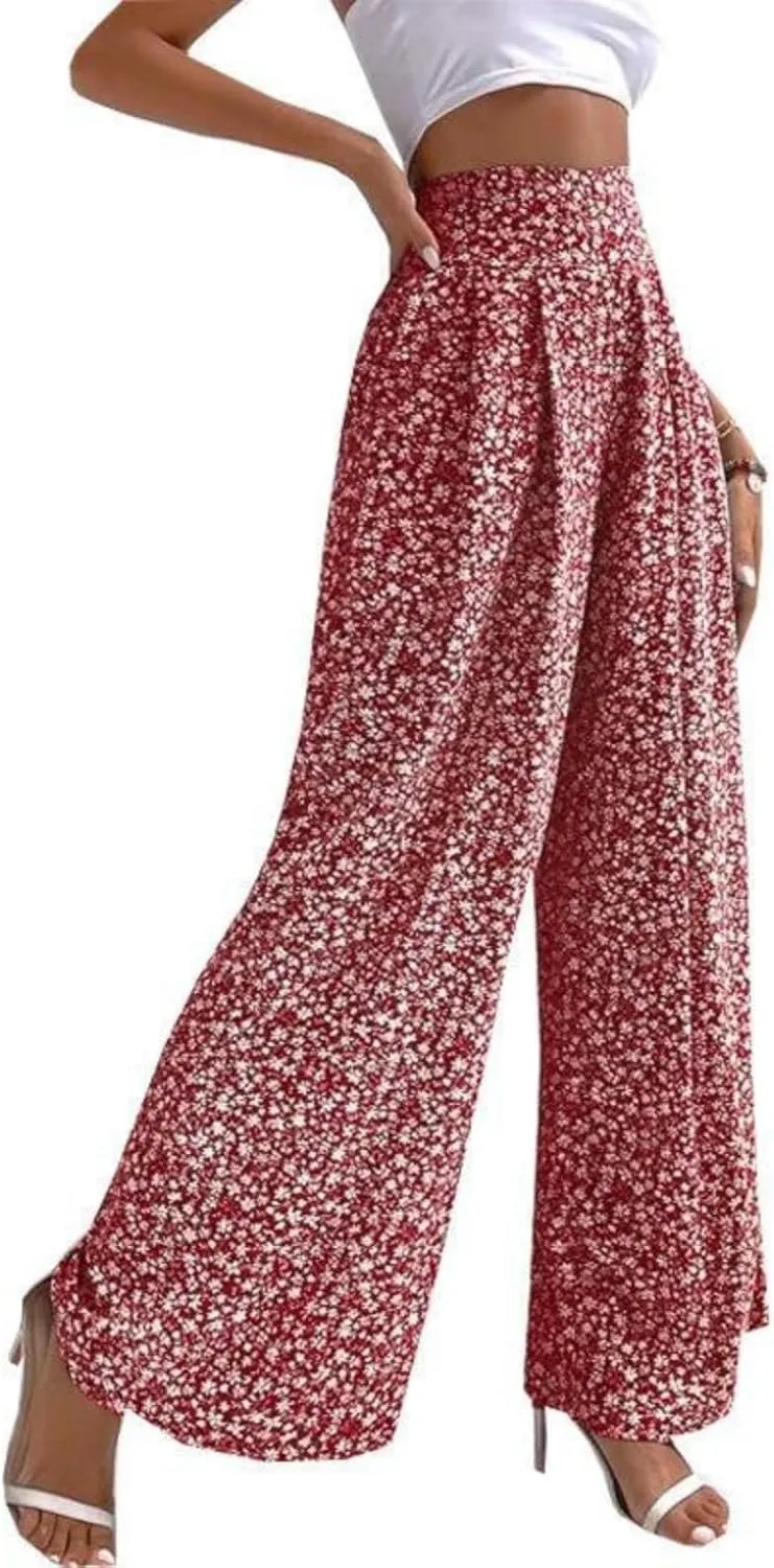 Mmoneyake Women's Wide Leg Pants Boho Floral Print High Waist Pants Palazzo Lounge Pants Casual Summer Beach Loose Trousers