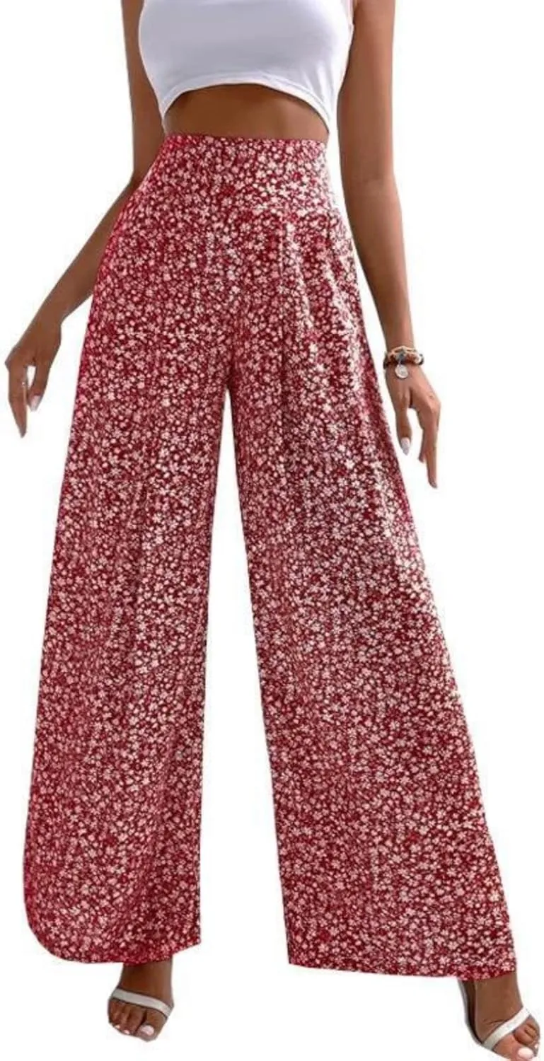 Mmoneyake Women's Wide Leg Pants Boho Floral Print High Waist Pants Palazzo Lounge Pants Casual Summer Beach Loose Trousers