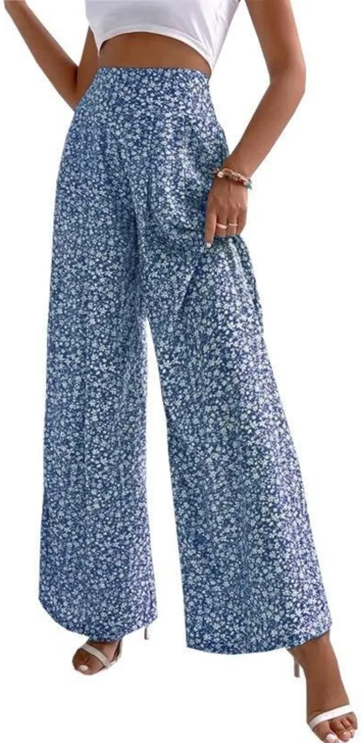 Mmoneyake Women's Wide Leg Pants Boho Floral Print High Waist Pants Palazzo Lounge Pants Casual Summer Beach Loose Trousers