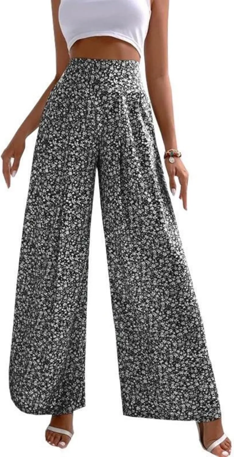 Mmoneyake Women's Wide Leg Pants Boho Floral Print High Waist Pants Palazzo Lounge Pants Casual Summer Beach Loose Trousers