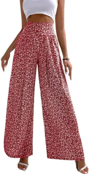 Mmoneyake Women's Wide Leg Pants Boho Floral Print High Waist Pants Palazzo Lounge Pants Casual Summer Beach Loose Trousers