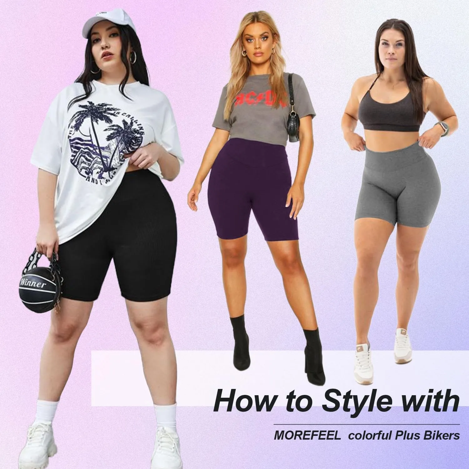 MOREFEEL 4 Pack Plus Size Biker Shorts for Women XL-4XL  8" High Waisted Non-See Through Workout Super Soft Yoga Shorts