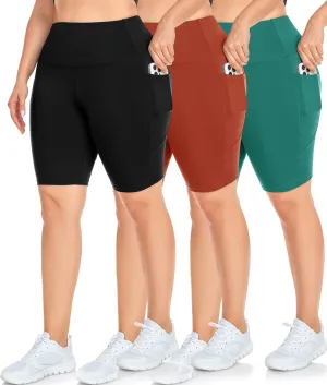 NEW YOUNG 3 Pack Plus Size Biker Shorts with Pockets for Women-High Waisted 8" Yoga Pants Workout Shorts