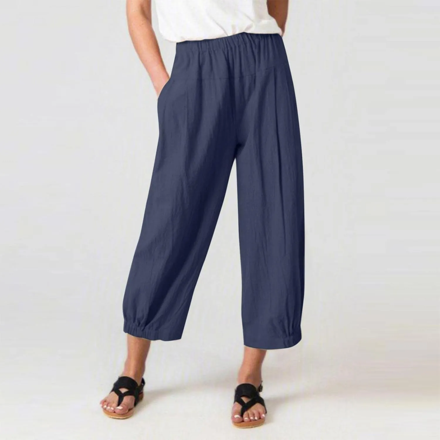 Nyybw High Waist Wide Leg Pants for Women Casual Crop Dress Pants Stretch Cotton Linen Pull On Office Capris Work Trousers
