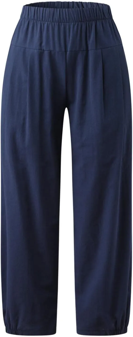 Nyybw High Waist Wide Leg Pants for Women Casual Crop Dress Pants Stretch Cotton Linen Pull On Office Capris Work Trousers