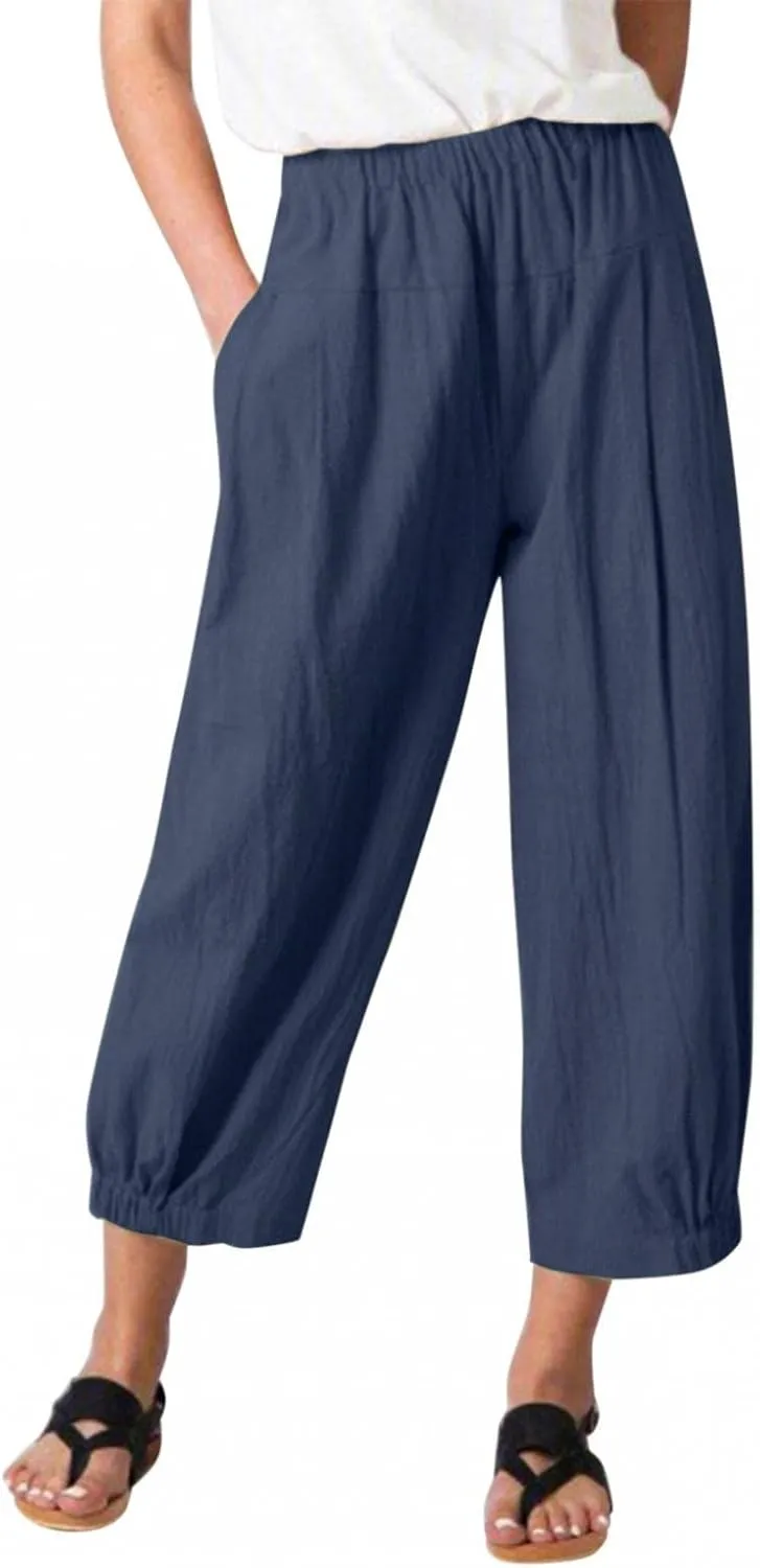 Nyybw High Waist Wide Leg Pants for Women Casual Crop Dress Pants Stretch Cotton Linen Pull On Office Capris Work Trousers